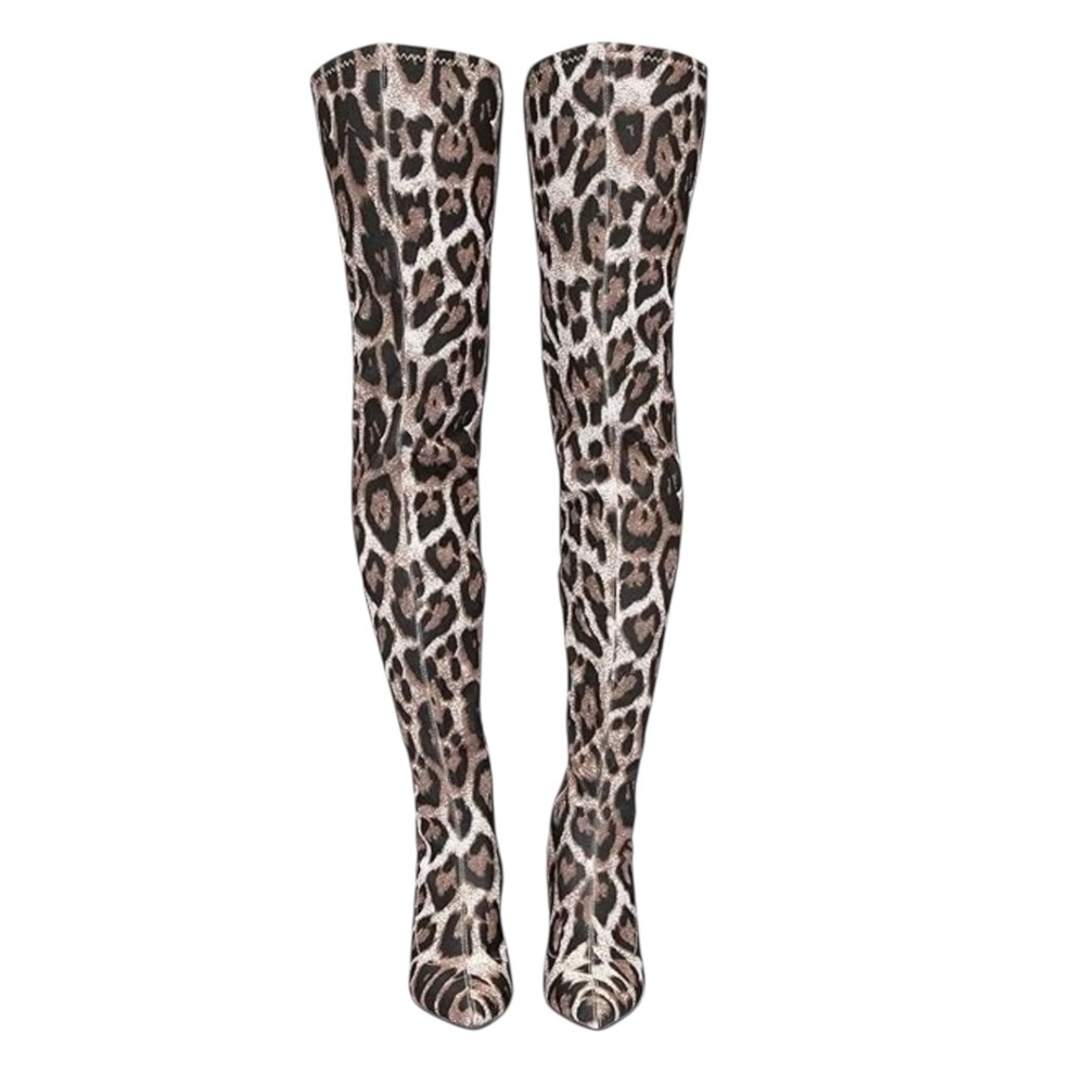 NEWBELLA Stretch Leopard Print Over-the-Knee Pointed Toe Stiletto Boots Size 6 - Picture 2 of 15